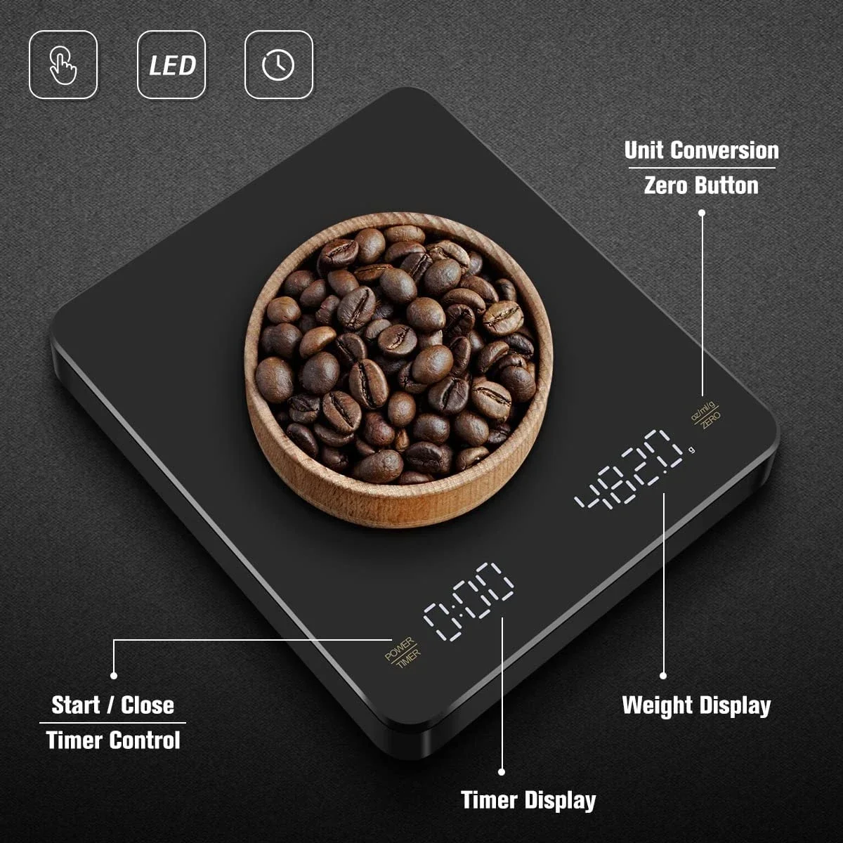 Kitchen Timer Digital - Digital Coffee Scale with Timer LED